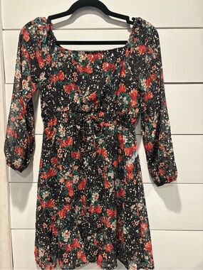 Three Hearts Black Floral Long Sleeve Babydoll Dress with Red & Green Print